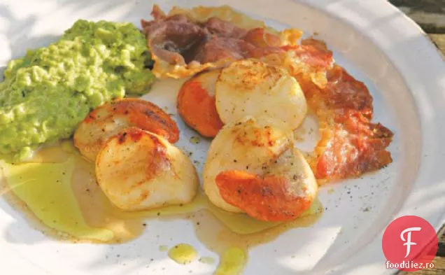 Gatiti cartea: Scallops cu Pea pur Aproxume si sunca