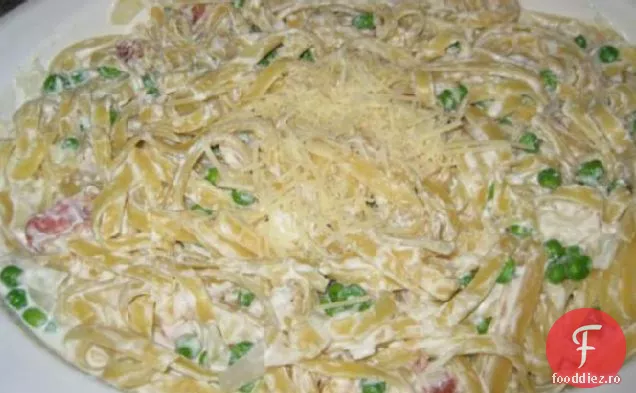 Spaghete cu brânză cu slănină și mazăre