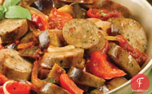 Cârnați de pui cu roșii uscate la soare Ragu cu vinete prăjite și roșii