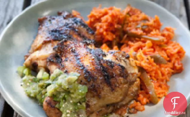Coapse de pui cu crustă de chimen cu Salsa Tomatillo la grătar