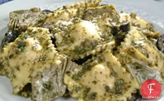 Patru Ravioli de brânză cu inimi de anghinare, măsline și Pesto