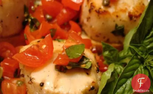 Scoici la grătar acoperite cu Bruschetta pe pâine prăjită