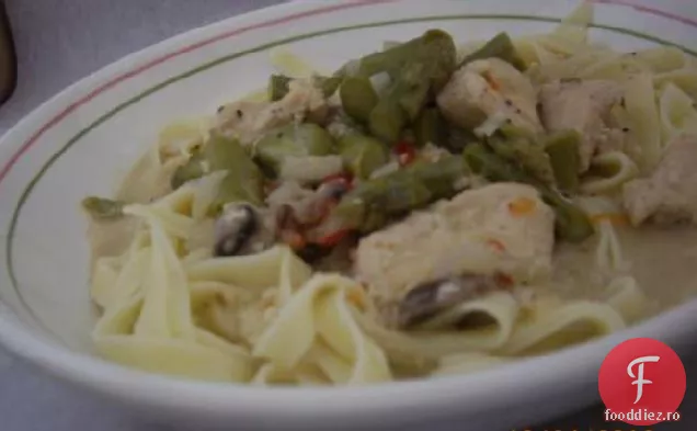 Fettuccini cu sparanghel și pui de usturoi