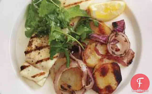 Halibut la grătar cu cartofi cu sare și oțet