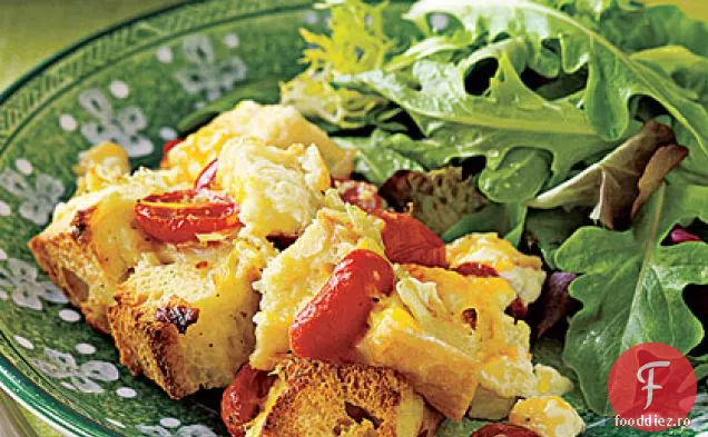 Budincă de pâine cu Cheddar și roșii