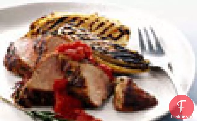 Filet de porc la grătar și gem Belgian de andive și Chile de roșii