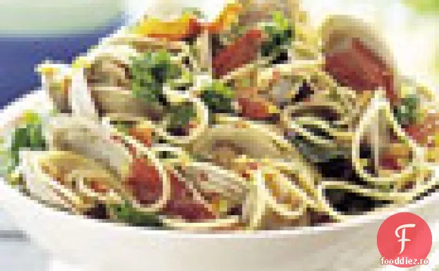 Scoici la grătar cu spaghete, Prosciutto și verdeață mixtă