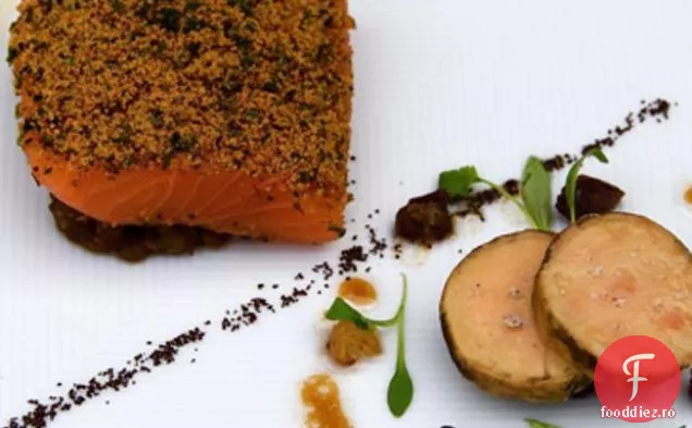 Somon Organic 'mi-cuit', linte condimentată, Foie Gras