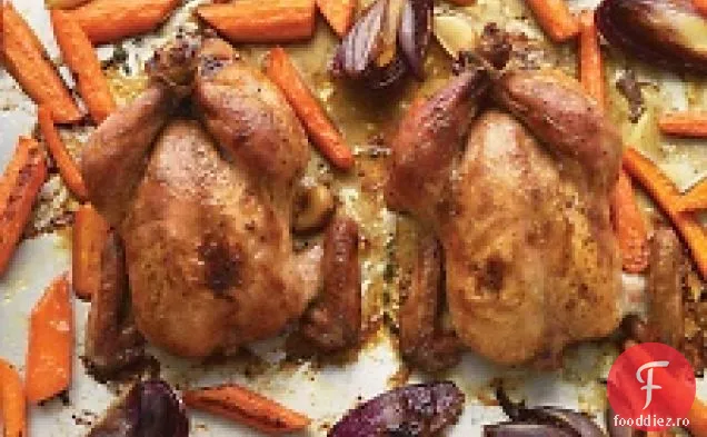 Găini de vânat Cornish glazurate cu arțar cu morcovi