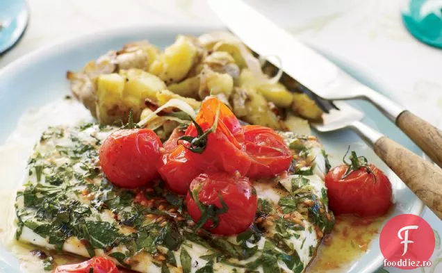 Halibut la grătar cu degete zdrobite și unt de roșii