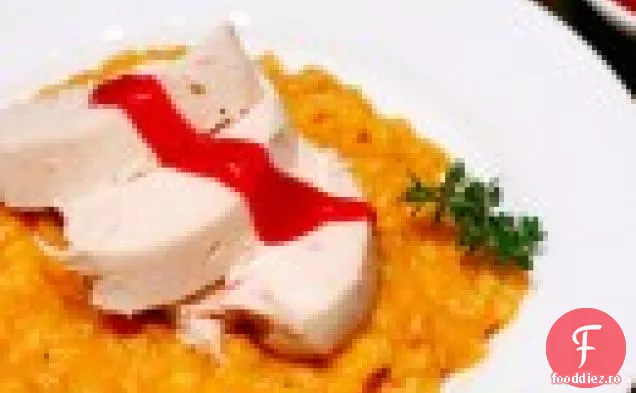 Pui prăjit cu Risotto de cartofi dulci și sos de afine