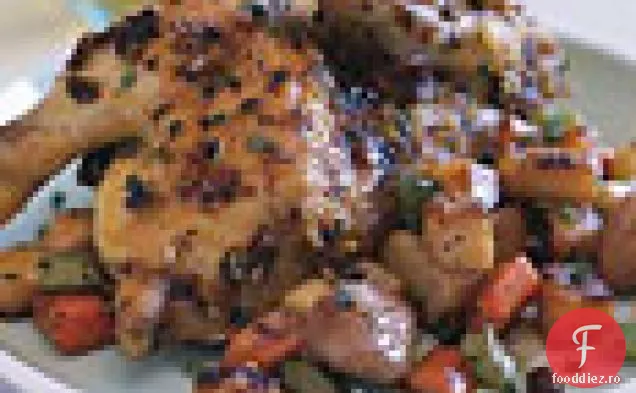 Găini de vânat prăjite cu legume rădăcinoase caramelizate și sos de coacăze uscate