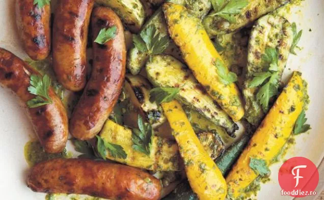 Squash la grătar și cârnați cu sos Verte din cartea de bucate Kitchen Garden