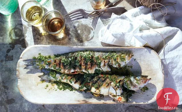 Branzino la grătar cu gust de coriandru-mentă