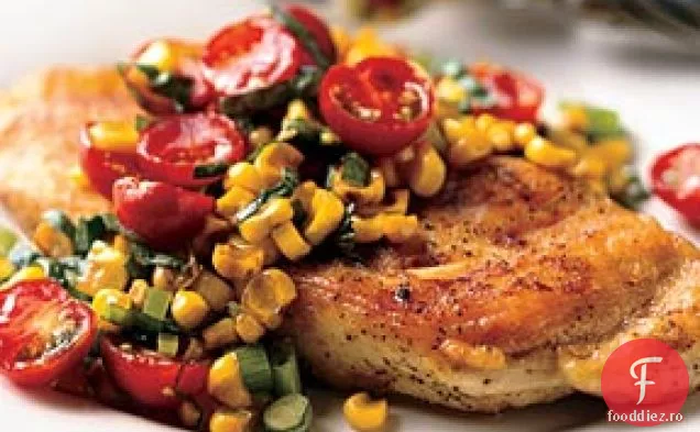 Paillards de pui cu roșii, busuioc și gust de porumb prăjit