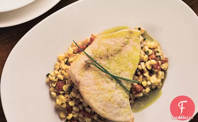 Pește-spadă Braconat cu ulei de porumb alb, Guanciale și arpagic