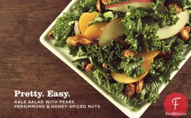 Salată de Kale cu pere, caqui și nuci condimentate cu miere
