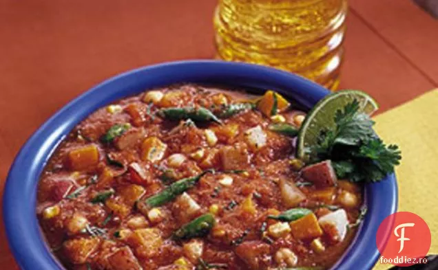 Supă picantă de legume prăjite cu tortilla prăjită