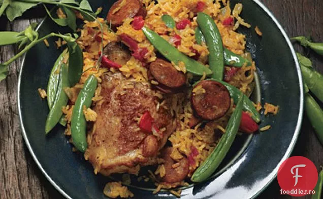 Paella rapidă de pui cu mazăre de zahăr