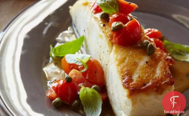 Halibut cu Pepitas, capere, roșii Cherry și busuioc