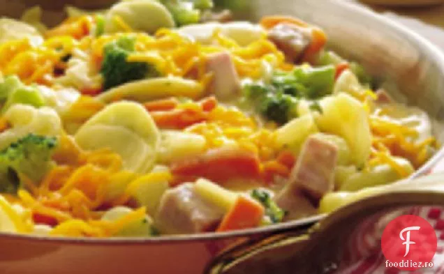 Șuncă de tigaie și legume gratinate
