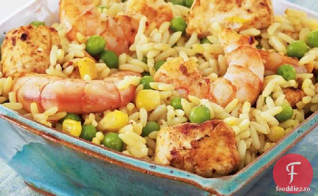 Paella rapidă de creveți și pui