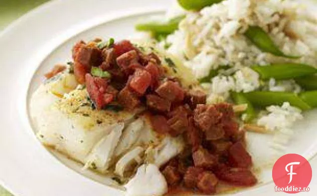 Cod cu Chorizo și orez de fasole verde-migdale