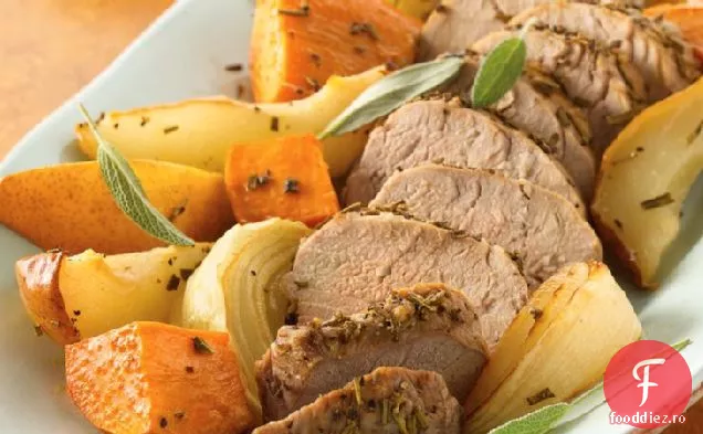 Filete de porc prăjite cu cartofi dulci și pere