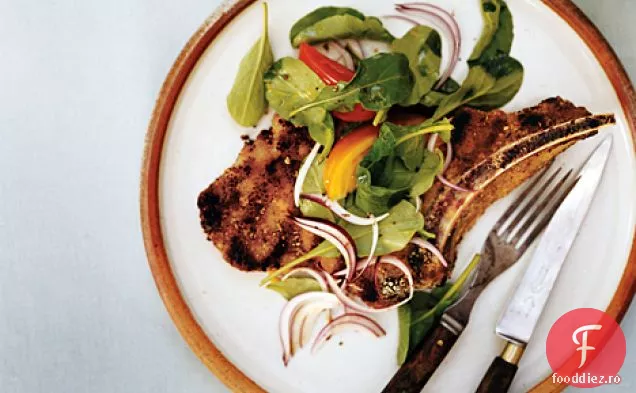 Cotlet de vițel la grătar cu salată de rucola și busuioc