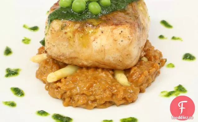Halibut Pan-ars cu Risotto de sparanghel alb și mazăre pur Approxide