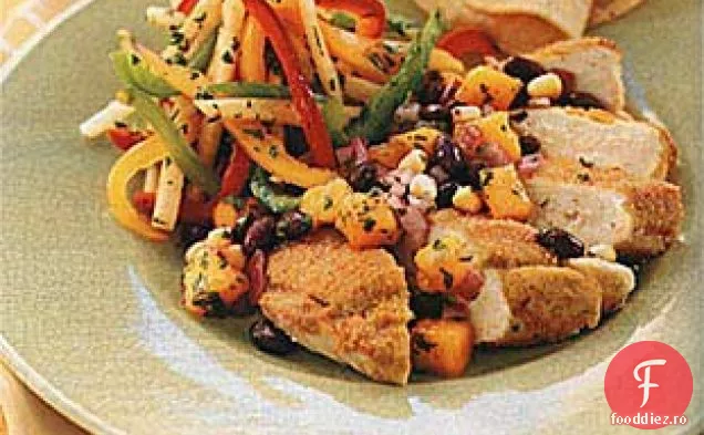 Piept de pui cu făină de porumb-crustă de coriandru și fasole neagră-salsa de Mango