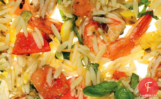 Orzo cu creveți la grătar, legume de vară și vinetă Pesto