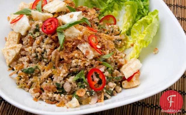 Larb de porc (salată thailandeză cu carne de porc, ierburi, Chili și praf de orez prăjit)