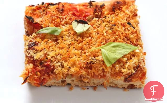 Pizza Easy Pan cu roșii uscate la soare, ceapă caramelizată, măsline și pesmet (Vegan)