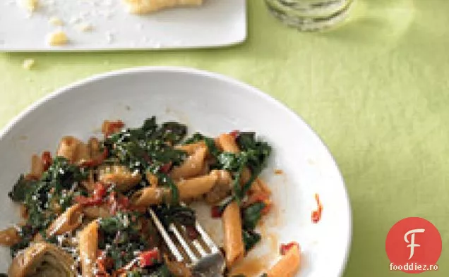 Penne de grâu integral cu cârnați, smog și inimi de anghinare