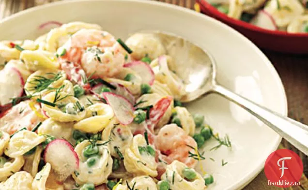 Orecchiette cu mazăre, creveți și zară-pansament cu ierburi
