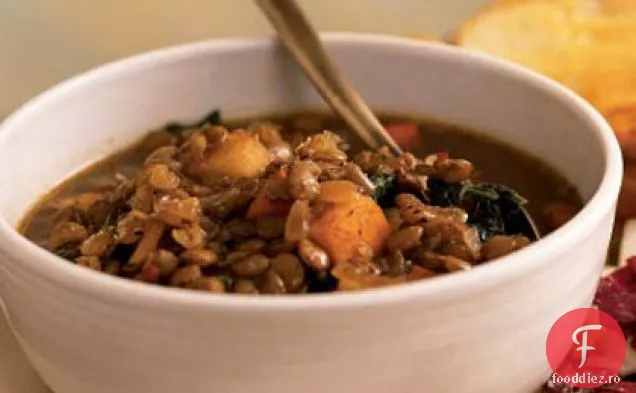 Supă de linte cu legume de iarnă prăjite Balsamic