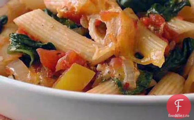 Ziti coapte cu spanac, roșii și gouda afumată