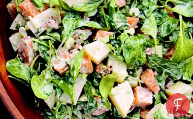 Salată cu două cartofi cu muștar creol, slănină și Rucola