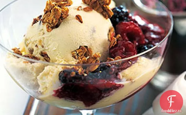 Înghețată de pralină de ovăz cu sos cald de fructe de pădure