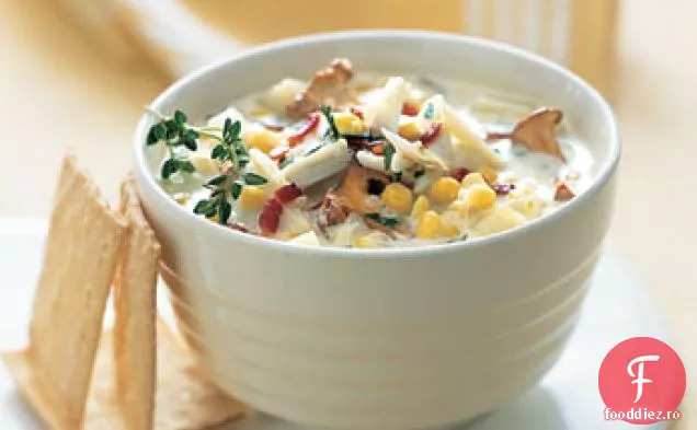 Chowder de Crab și porumb cu slănină și ciuperci de Chanterelle