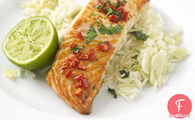 Chilli la grătar și somon de coriandru cu orez de ghimbir