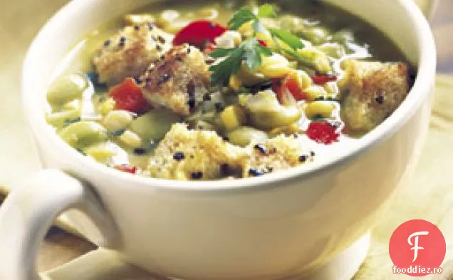 Supă de Succotash cu crutoane de piper negru