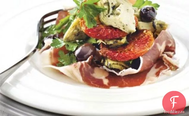 Roșii prăjite lent cu șuncă Iberico și anghinare