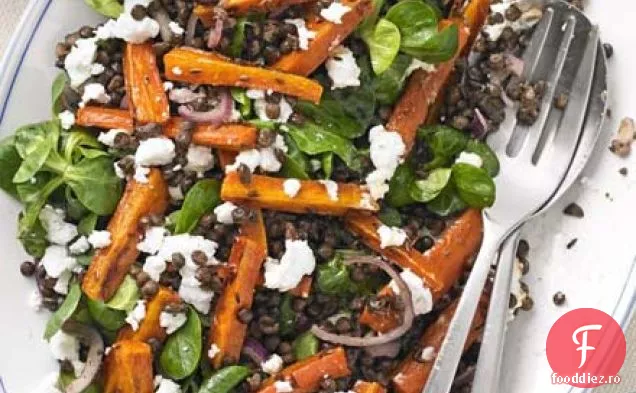 Salată de linte Puy, morcov prăjit condimentat și feta
