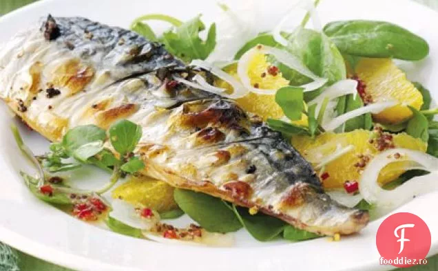 Macrou la grătar cu salată de portocale, ardei iute și Nasturel