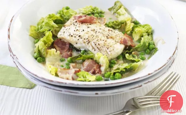 Cod cu slănină , salată și mazăre