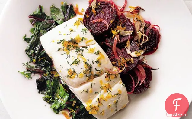 Halibut cu sfeclă prăjită, verdeață de sfeclă și Gremolata de mărar-portocală