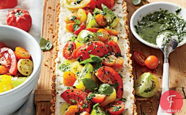 Tartă cu brânză de capră cu roșii cu vinaigretă de lămâie-busuioc
