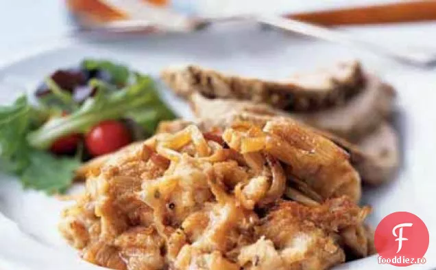 Friptură de porc cu budincă de pâine sărată de fenicul